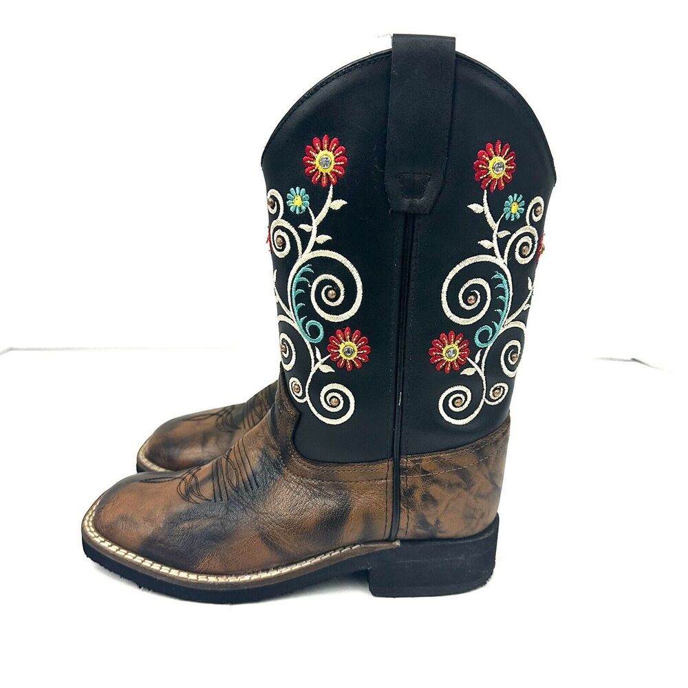 Leather Kids Western Boots Authentic Handcrafted Footwear Black/Multicolor Sz 1D